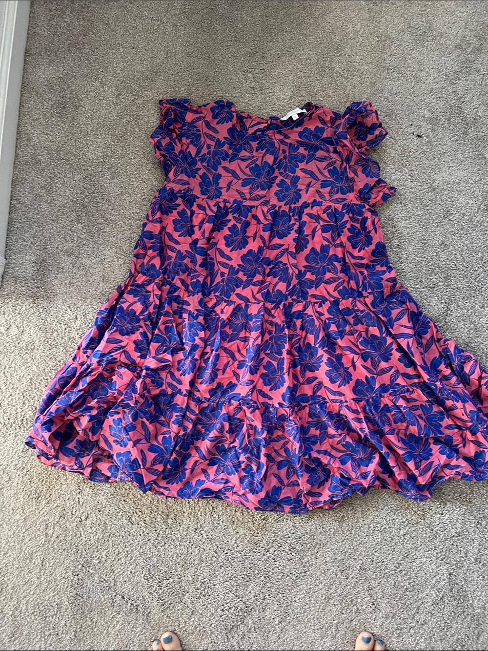 Olivaceous Coral Dress with Navy Floral Print